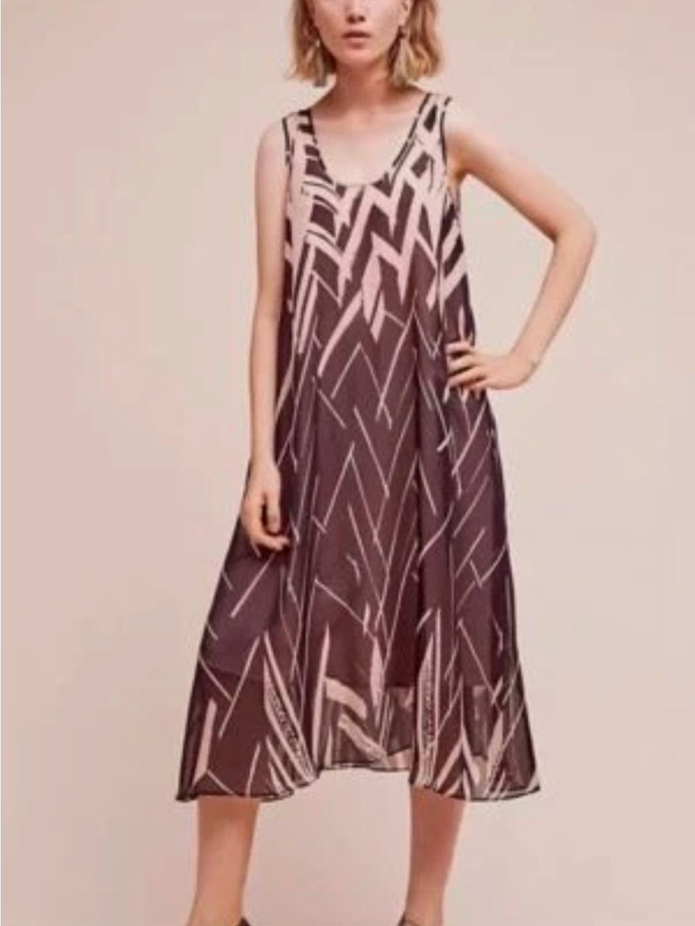 Anthropologie Mauve and Blush Geometric Sleeveless Swing Dress